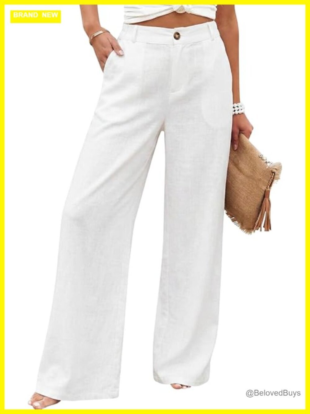 Cotton Linen High Waisted Wide Leg Trousers Button Up Casual